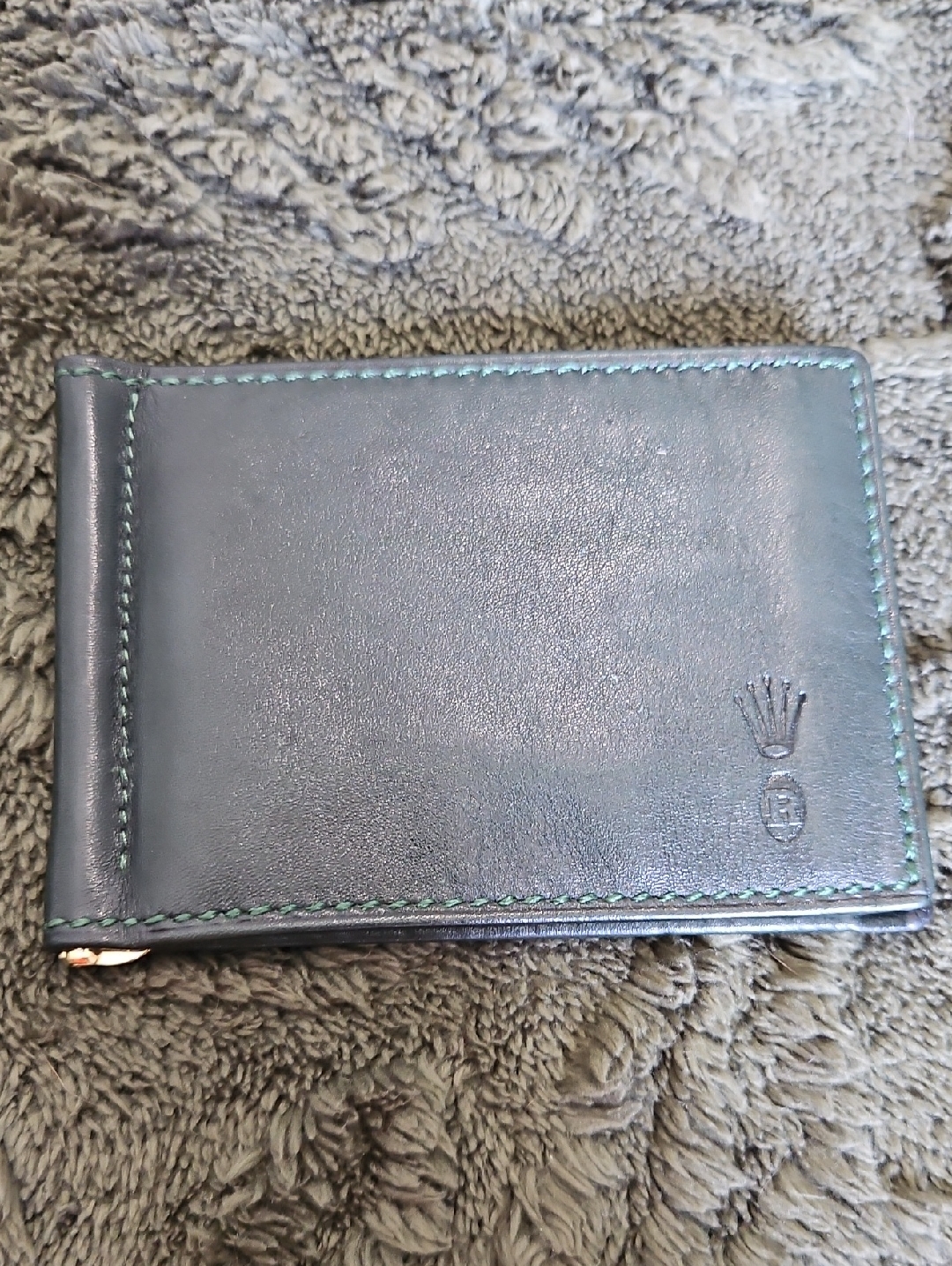 Rare Rolex Vintage Green Leather Money Clip With Green Stitching